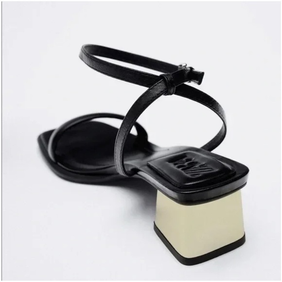 Zara black with gold heel square toe sandals - Picture 1 of 3